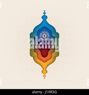 Islamic greeting card design for Ramadan. Paper art style vector illustration. Elements are layered separately in vector file. Stock Vector