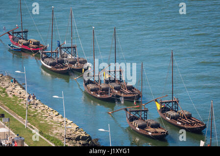 Rabelo boat Porto, view of traditional rabelo boats moored along the Douro waterfront in Porto, Europe. Stock Photo