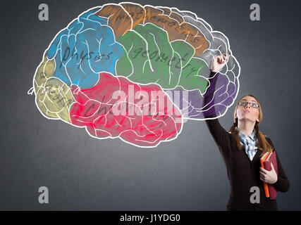 Student girl writing idea on transparent wall Stock Photo