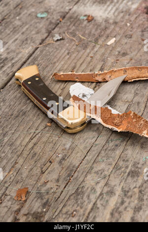 Folding pocket knife on wood table with wood shavings surrounding it. Stock Photo