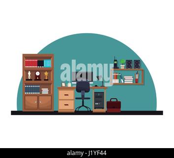 office interior desk chair computer briefcase bookshelf trophy clock telephone Stock Vector