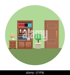 bookshelf pot tree small table lamp trophy clock encyclopedia Stock Vector