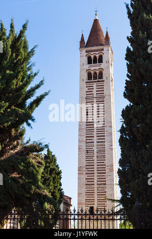 travel to Italy - campanile of Basilica of San Zeno (Basilica di San Zeno, San Zeno Maggiore, San Zenone) in Verona city in spring Stock Photo