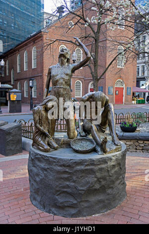 A statue commemorating the 1845 Irish Potato Famine in a small park along the Freedom Trail in Boston, Massachusetts. Stock Photo