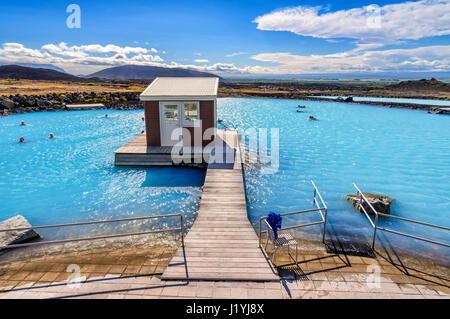 Myvatn, Iceland - August 10, 2012: The Myvatn Nature Baths natural bathing site. Here people can bathe in a lagoon that has many beneficial properties Stock Photo