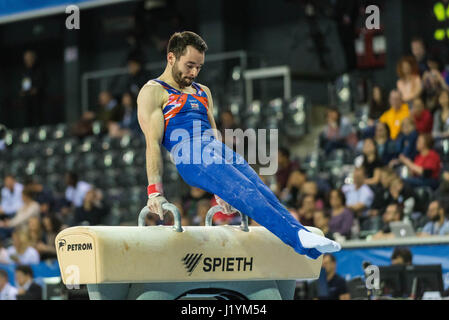 Cluj Napoca, Romania. 21st Apr, 2017. James Hall from Great Britain performs at the pommel horse at the UEG European Championships 2017 in Cluj Napoca, Romania, 21 April 2017. Photo: Catalin Soare/dpa/Alamy Live News Stock Photo