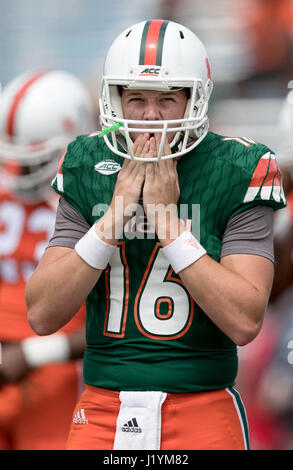 Boca Raton, Florida, USA. 22nd Apr, 2017. Quarterback Evan Shirreffs (16) warms up before the Miami Hurricanes spring scrimmage in Boca Raton, Florida on April 22, 2017. Credit: Allen Eyestone/The Palm Beach Post/ZUMA Wire/Alamy Live News Stock Photo