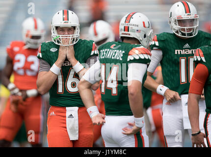 Boca Raton, Florida, USA. 22nd Apr, 2017. Quarterback Evan Shirreffs (16) warms up before the Miami Hurricanes spring scrimmage in Boca Raton, Florida on April 22, 2017. Credit: Allen Eyestone/The Palm Beach Post/ZUMA Wire/Alamy Live News Stock Photo