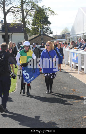 Ayr, Scotland, UK. 22nd April, 2017. Scottish Grand National, Ayr Racecourse.Photos show jockey Sam Twisten-Davis in the winners enclosure Winner Vicente, ridden by jockey Sam Twisten-Davis, owner Mr Trevor Hemming, trainer, Paul Nicolls This is the second win for Vicente, the horse won the Scottish Grand National in 2016 Credit: Alister Firth/Alamy Live News Stock Photo