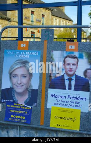 Le Vieux-Marche, Brittany, France. 22nd April, 2017. Candidates are displayed outside quiet polling stations ahead of France's big election day. Credit: Luke Peters/Alamy Live News Stock Photo