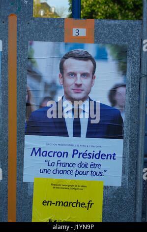 Le Vieux-Marche, Brittany, France. 22nd April, 2017. Candidates are displayed outside quiet polling stations ahead of France's big election day. Credit: Luke Peters/Alamy Live News Stock Photo