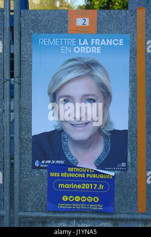 Le Vieux-Marche, Brittany, France. 22nd April, 2017. Candidates are displayed outside quiet polling stations ahead of France's big election day. Credit: Luke Peters/Alamy Live News Stock Photo