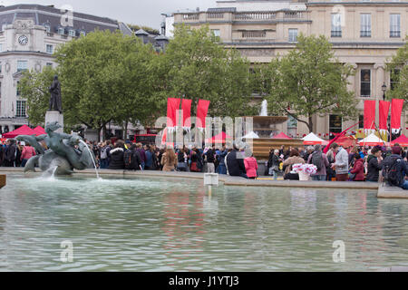 London, UK. 22nd April, 2017. St George's Day 2017 celebrations in Trafalgar Square in London, England United Kingdom. The annual free event was organised by the Mayor of London and attracted a huge crowd celebrating the Patron Saint of England. Some people in the crowd were very colourful and some wore costumes for the joy of children and adults. Credit: Chris Pig Photography/Alamy Live News Stock Photo