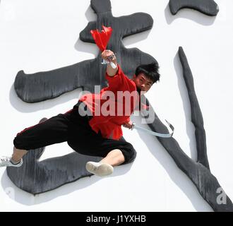 Beijing, China's Gansu Province. 21st Apr, 2017. A student practises in Kongtong School of Martial Arts in Pingliang, northwest China's Gansu Province, April 21, 2017. Credit: Chen Bin/Xinhua/Alamy Live News Stock Photo