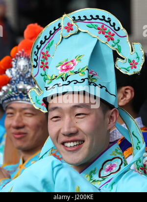 Noordwijk, Netherlands. 22nd Apr, 2017. A man attends the Bulbflower Parade 2017 in Noordwijk, the Netherlands, on April 22, 2017. Credit: Gong Bing/Xinhua/Alamy Live News Stock Photo