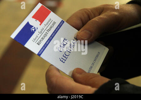 Paris. 23rd Apr, 2017. Photo taken on April 23, 2017 shows an electoral card at a polling station in Paris, France. French voters began casting their ballots Sunday morning in the first round of a historic presidential election that will weigh on the future of Europe. Credit: Han Bing/Xinhua/Alamy Live News Stock Photo