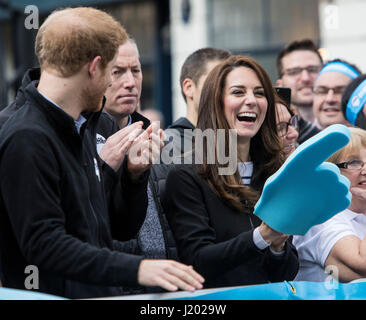 London, UK. 23rd Apr, 2017.  Virgin Money London Marathon. Prince Harry, Prince William, the Duke of Cambridge and Catherine, the Duchess of Cambridge watch the London Marathon pass through Greenwich, in London, England on April 23, 2017. They were there as supporters of the mental health campaign, Heads Together, which is the Charity of the Year for the Virgin Money London Marathon. Photo: Credit: 2017 David Levenson/ Alamy Live News Stock Photo