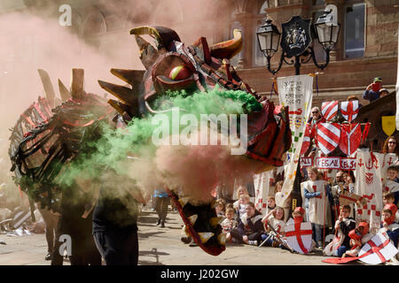 Chester, UK. 23rd April 2017. A smoke breathing dragon makes an entrance as part of the St George's day medieval street theatre performance in Chester city centre. Credit: Andrew Paterson/Alamy Live News Stock Photo
