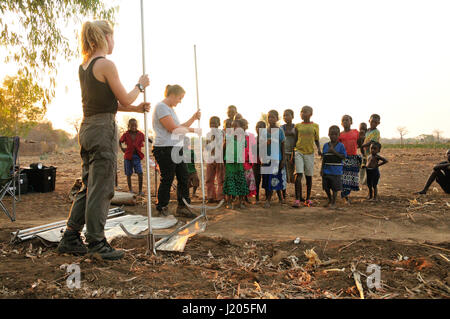 Setting up equipment for bat survey in Africa Stock Photo