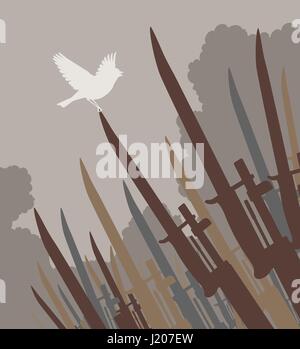Editable vector silhouette of a singing bird perched on the tip of a bayonet as a symbol of peace Stock Vector
