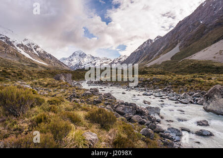 River flowing through valley, Hooker River, at back Mount Cook, Hooker Valley, Mount Cook National Park, Southern Alps