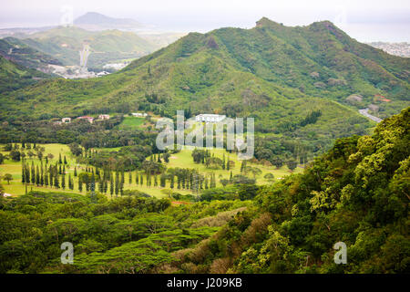 Pali Lookout from Koolau mountains towards Kaneohe Bay and east Oahu island Stock Photo