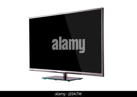 modern thin plasma LCD TV on a silver black glass stand isolated on a white background, standing against a background of diagonal Stock Photo