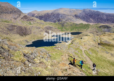 High view to Llyn Llydaw lake from slopes of Y Lliwedd in Snowdon Horseshoe with hikers hiking up on path in Snowdonia National Park (Eryri). Wales UK Stock Photo