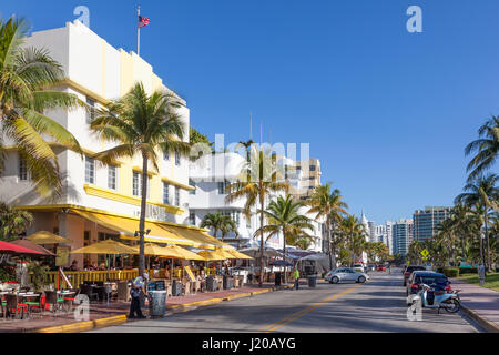 Miami, Fl, USA - March 10, 2017: The famous Ocean Drive with Art Deco hotels in Miami Beach. Florida, United States Stock Photo