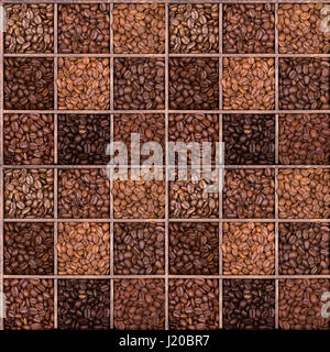 A seamless background of coffee beans, of various roasts and varieties, in a squared wooden storage box. Stock Photo