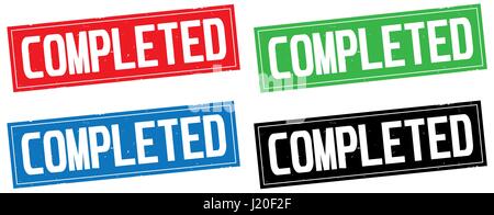 COMPLETED text, on rectangle stamp sign, in color set. Stock Photo