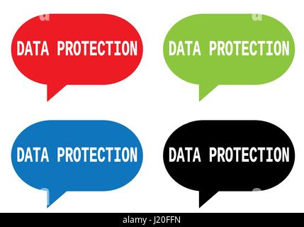 DATA PROTECTION text, on rectangle speech bubble sign, in color set. Stock Photo