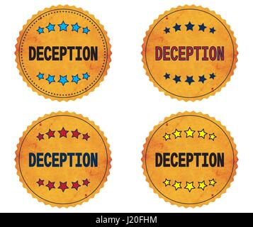 DECEPTION text, on round wavy border vintage stamp badge, in color set. Stock Photo