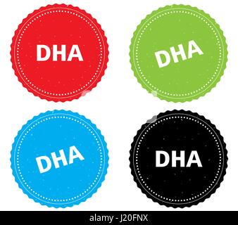 DHA text, on round wavy border stamp badge, in color set. Stock Photo