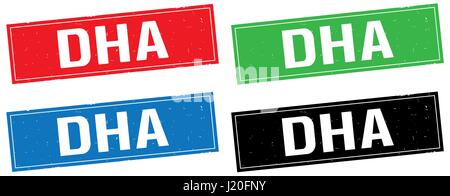 DHA text, on rectangle stamp sign, in color set. Stock Photo