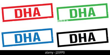 DHA text, on rectangle border stamp sign, in color set. Stock Photo