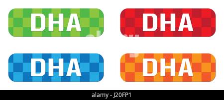 DHA text, on rectangle, zig zag pattern stamp sign, in color set. Stock Photo