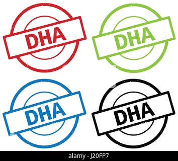 DHA text, on round simple stamp sign, in color set. Stock Photo