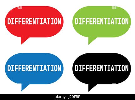 DIFFERENTIATION text, on rectangle speech bubble sign, in color set. Stock Photo