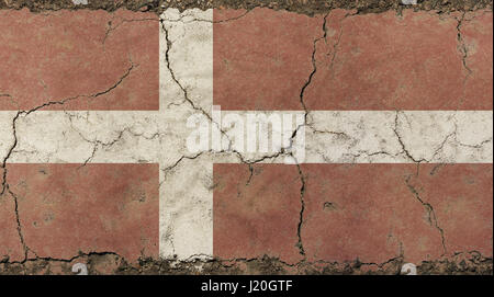 Old grunge vintage dirty faded shabby distressed Danish (Denmark) national flag background on broken concrete wall with cracks
