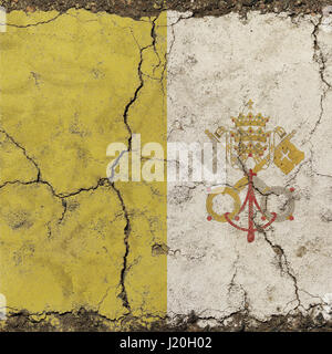 Old grunge vintage dirty faded shabby distressed square Vatican City flag with coat of arms background on broken concrete wall with cracks