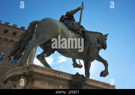 Equestrian Monument of Cosimo I - Bronze sculpture (statue) of Cosimo I de Medici erected in 1594 in the Piazza della Signoria in Florence, Italy Stock Photo