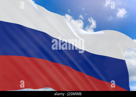 3D rendering of Russia flag waving on blue sky background, Russia Day is the national holiday of the Russian Federation. It has been celebrated annual Stock Photo