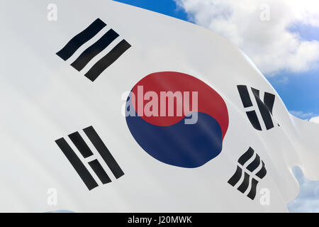 3D rendering of South Korea flag waving on blue sky background, Independence Movement Day This day commemorates the March 1st Movement in 1919. They d Stock Photo