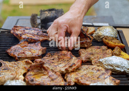 Barbecue grill with various kinds of meat, close-up. steak barbecue Stock Photo