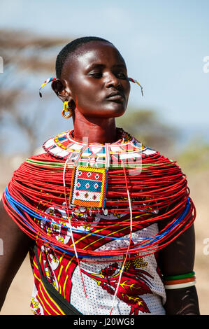 Close-up portrait of a Samburu Maasai Woman wearing traditional attire, Samburu Village, Samburu, Kenya, East Africa Stock Photo
