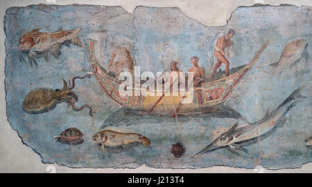 Rome. Italy. Fragment of fresco with marine life (125-150 AD). Palazzo Massimo alle Terme, Museo Nazionale Romano. Frammento di parete con fauna marin Stock Photo