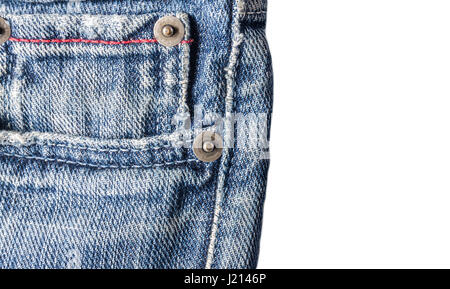 Jeans close-up, old, pocket back, front, crumpled, torn.Isolated on white background. Stock Photo
