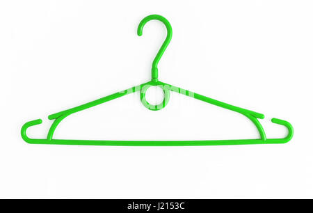 One colored plastic hanger, isolated on white background, close-up. Stock Photo