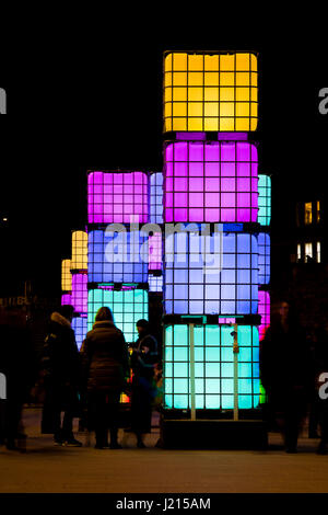 Southampton, UK - 17 Feb 2017: A free public Light Show celebrating the completion of West Quay leisure complex. Installation are placed on the walkwa Stock Photo